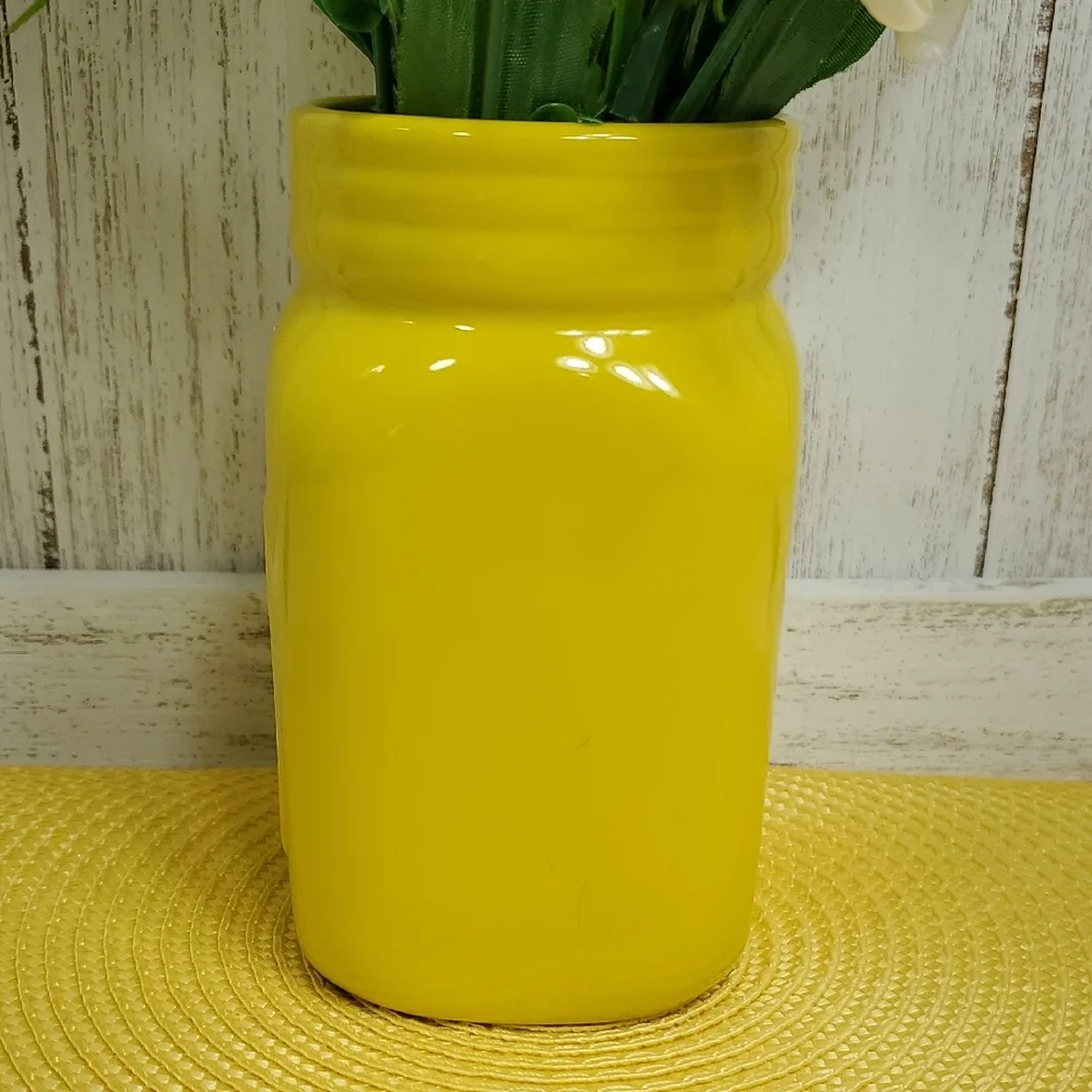 Mason Jar Yellow Vase Utensil Holder Summer Kitchen Home Decor Faux Flowers Vase